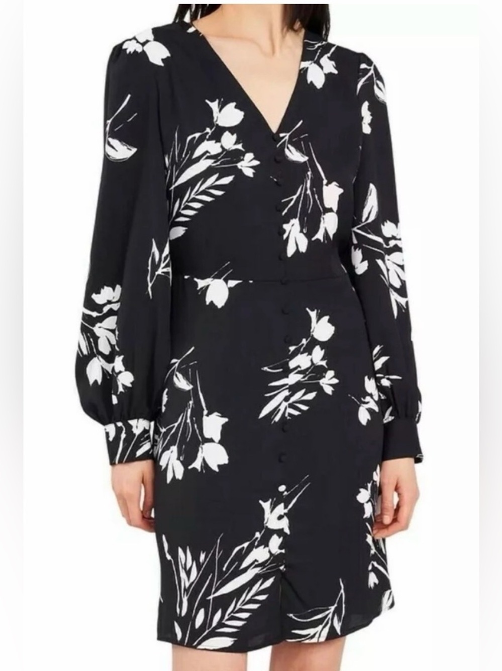 Vince Camuto Black White Floral Wisps V-Neck A-Line Dress Size 4